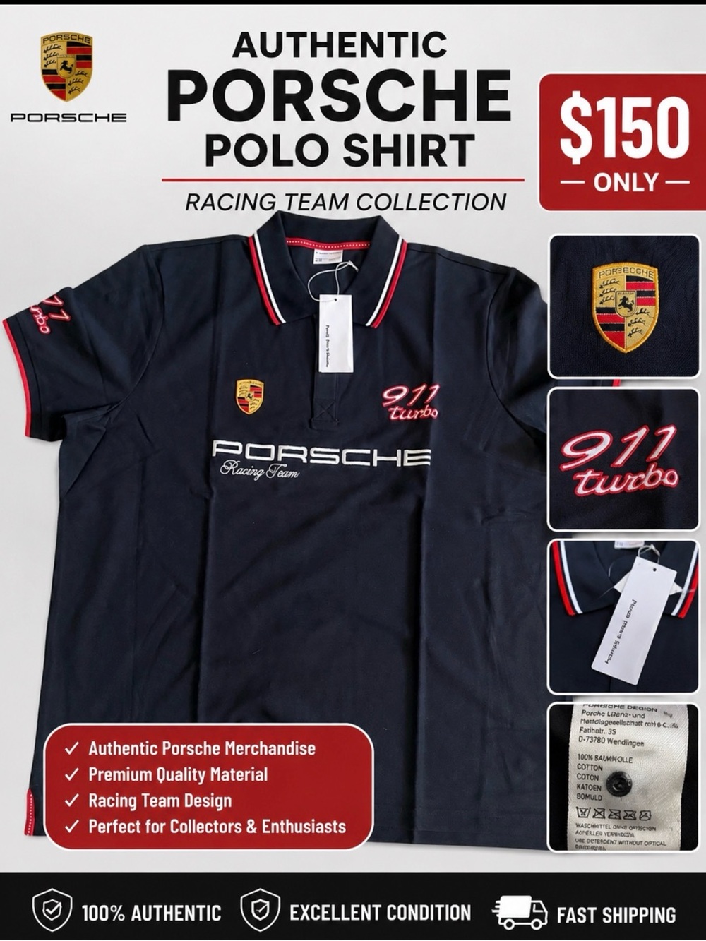 Porsche 911 Turbo Racing Team Polo - Black with Red Trim size XL authentic 100%